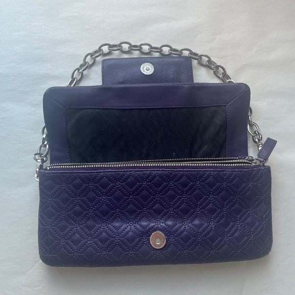 Karen Millen Leather Purple Quilted Clutch Logo Chain Cocktail Shoulder Bag - Picture 8 of 12